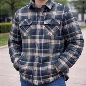 David Taylor Men's Plaid Shirt Jacket in Navy and Burgundy